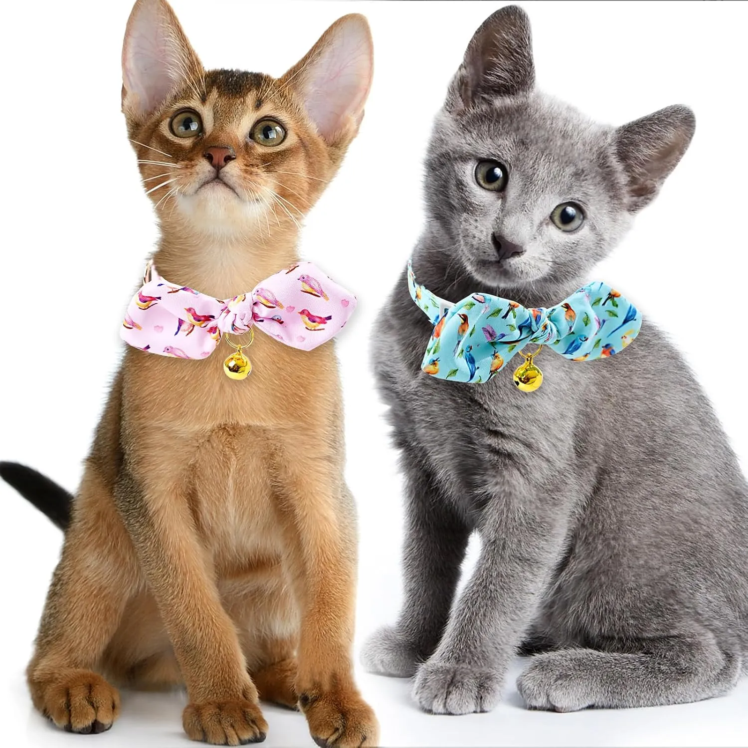 Faygarsle 2 Pack Breakaway Cute Cat Collars with Bell, Cat Collar with Bow for Girl Boy Cats Pink Blue Bird Patterns