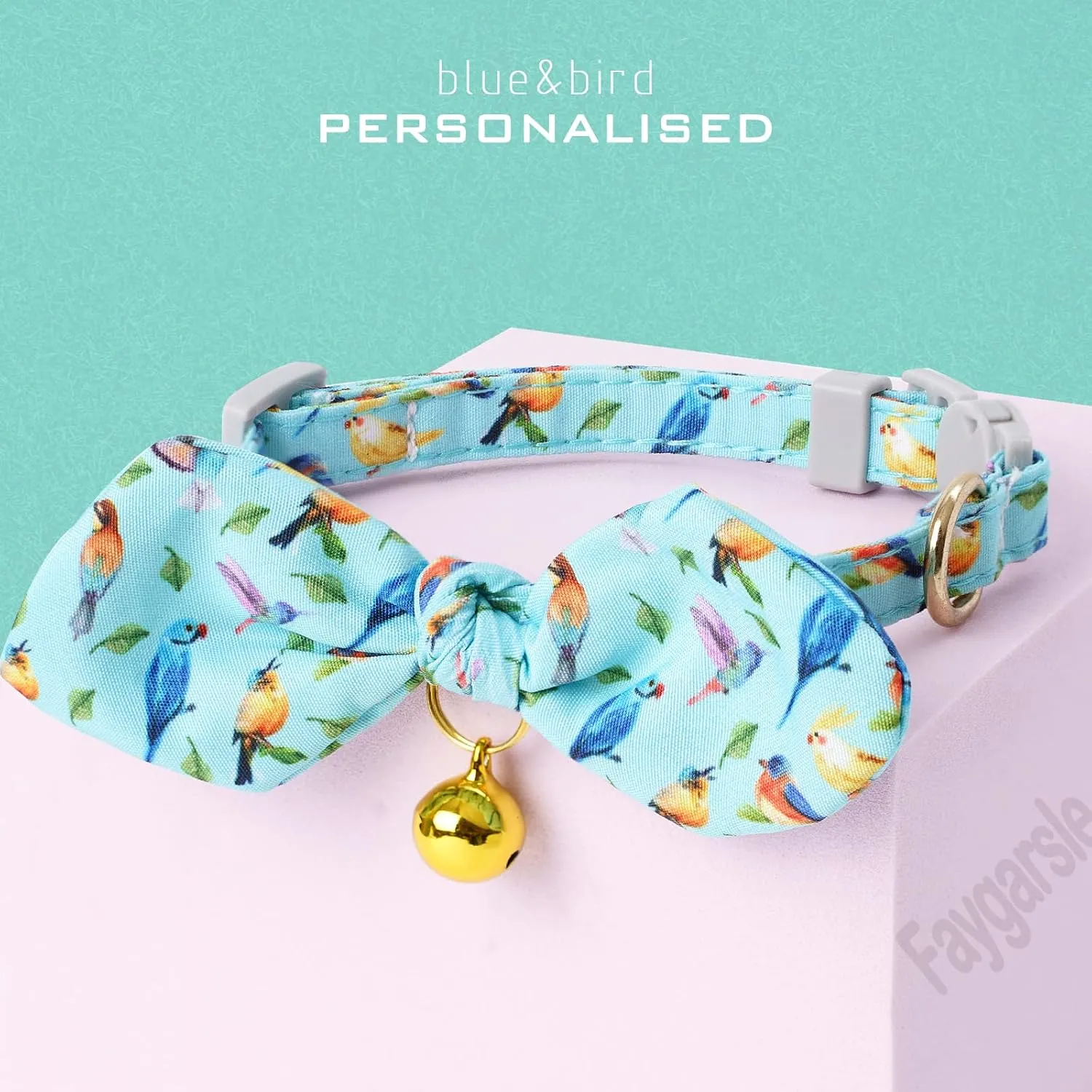 Faygarsle 2 Pack Breakaway Cute Cat Collars with Bell, Cat Collar with Bow for Girl Boy Cats Pink Blue Bird Patterns