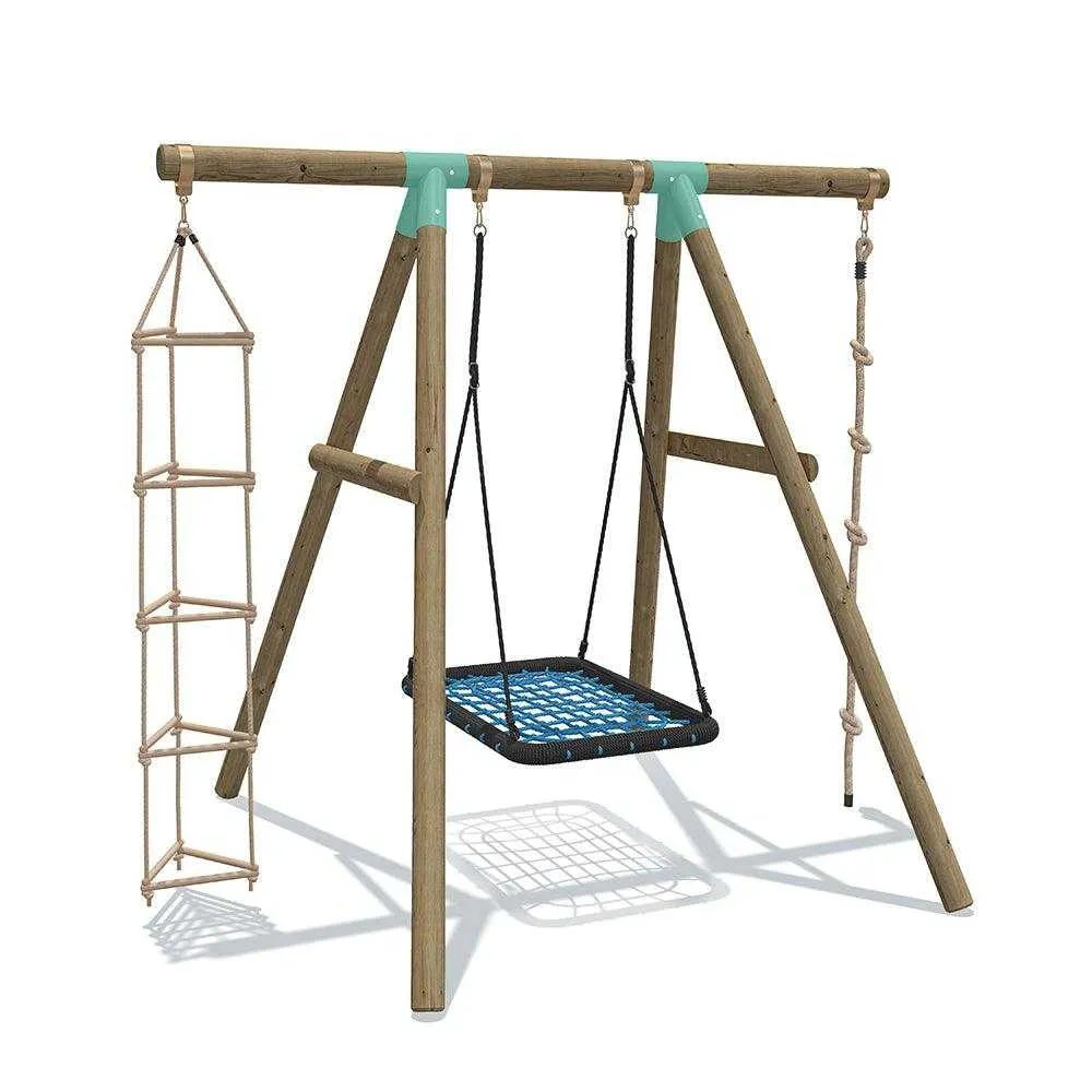 Go Wild 3 in 1 Rectangle Wooden Swing Set With Rope & Ladder