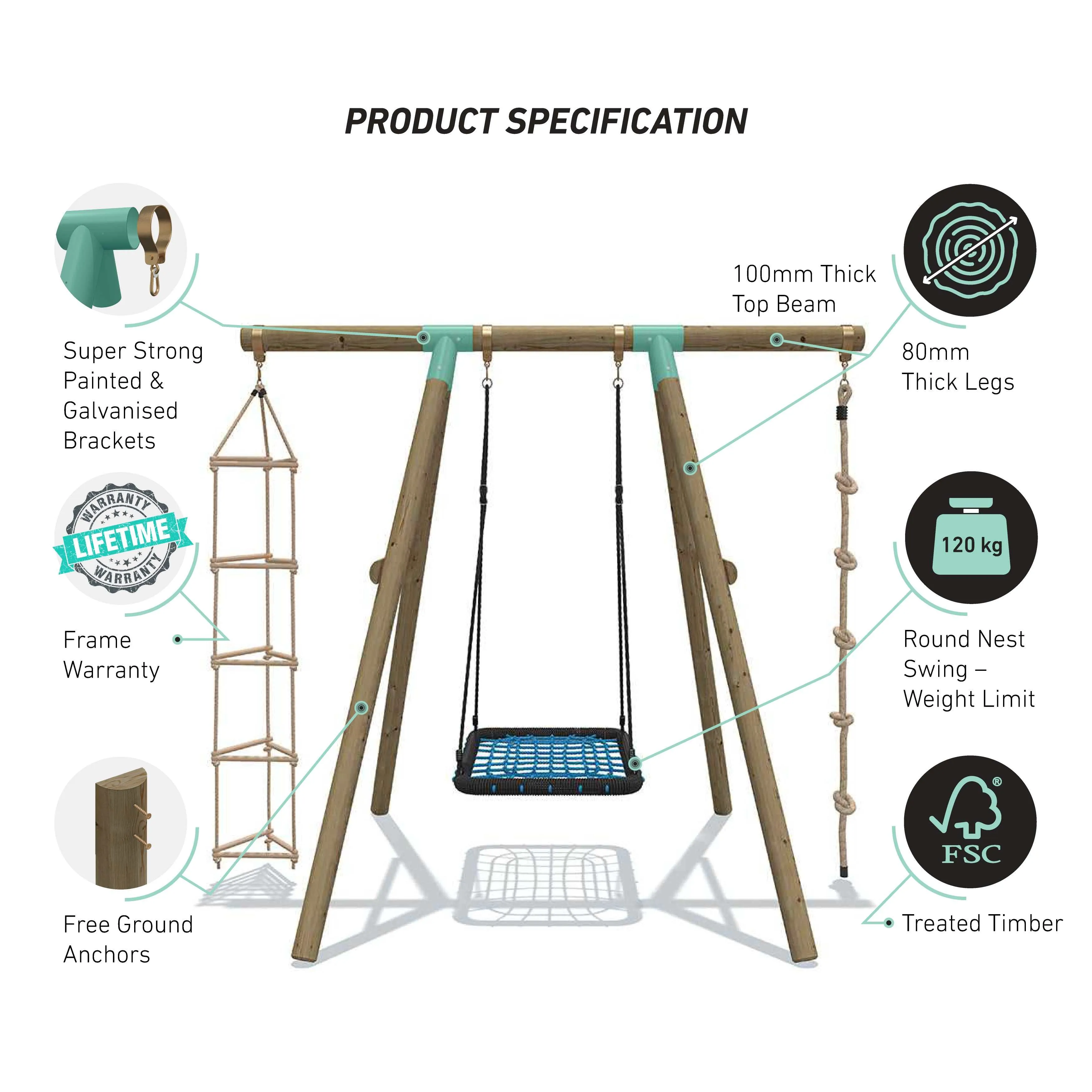 Go Wild 3 in 1 Rectangle Wooden Swing Set With Rope & Ladder