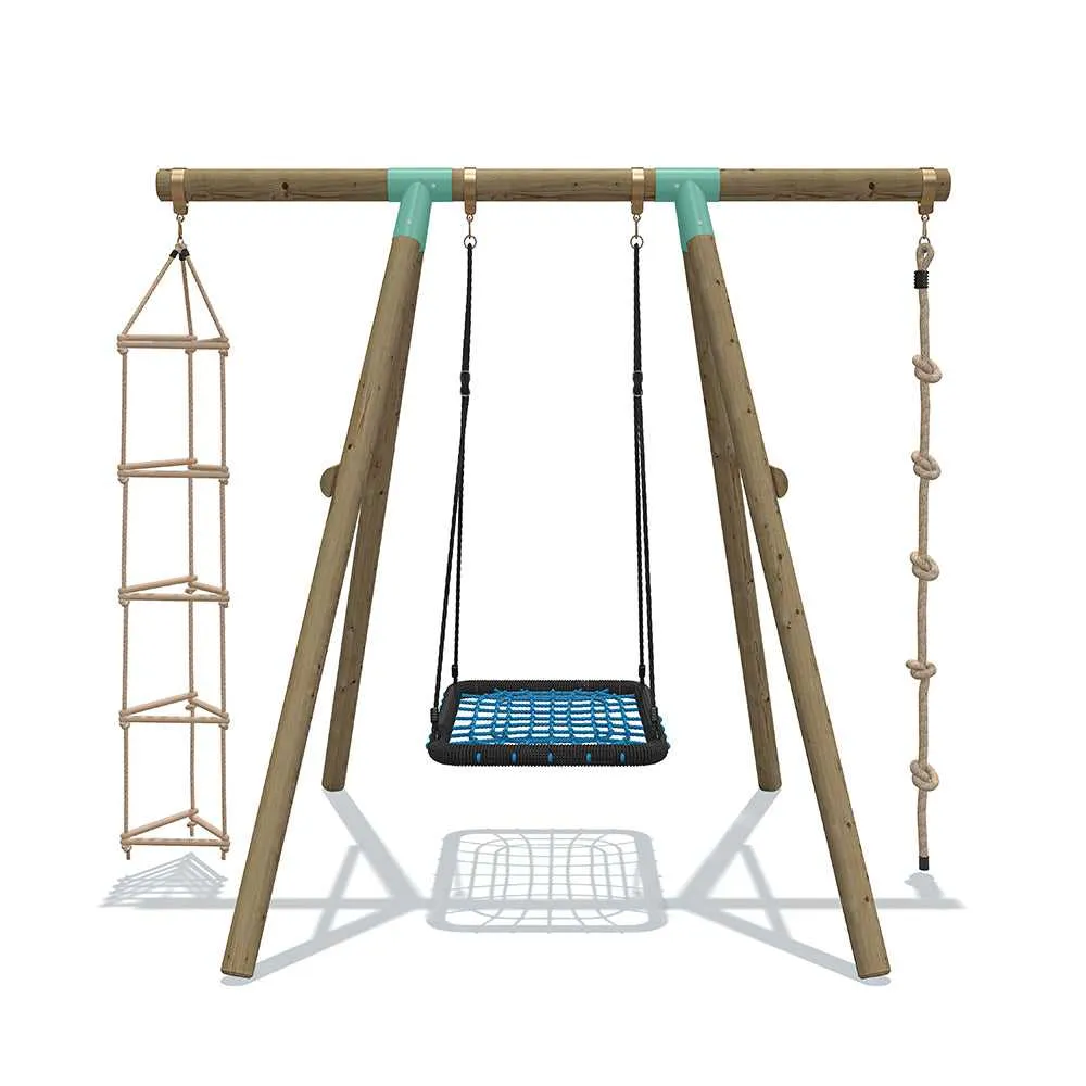 Go Wild 3 in 1 Rectangle Wooden Swing Set With Rope & Ladder