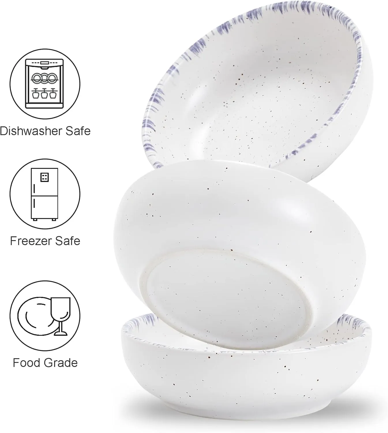 Howise Ceramic Cat Bowls, 5.19 in Cat Food Bowl Cat Dishes for Food and Water, 3 Pack Shallow Pet Bowls for Indoor Cats, White with Violet Blue