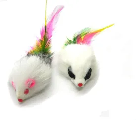 Kats'N Us Real Rabbit Fur Long Hair Feather Tail Mouse Cat Toy - 2pk