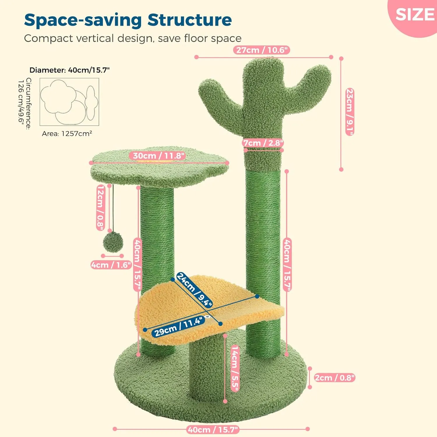 Made4Pets Cat Tree Cactus Cat Scratching Post 26 Cats Tree Tower for Indoor Cat Scratchers Kitty Tower with Flower Perch, Dangling Ball