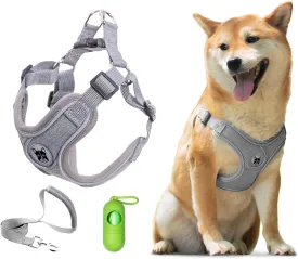 Patas Lague Dog Harness with Leash Set for Small Medium Dogs, No Pull No Choke Reflective Step in X Head Pet Harness Vest with Poop Bags and Dispenser, Adjustable and Padded, Grey Medium