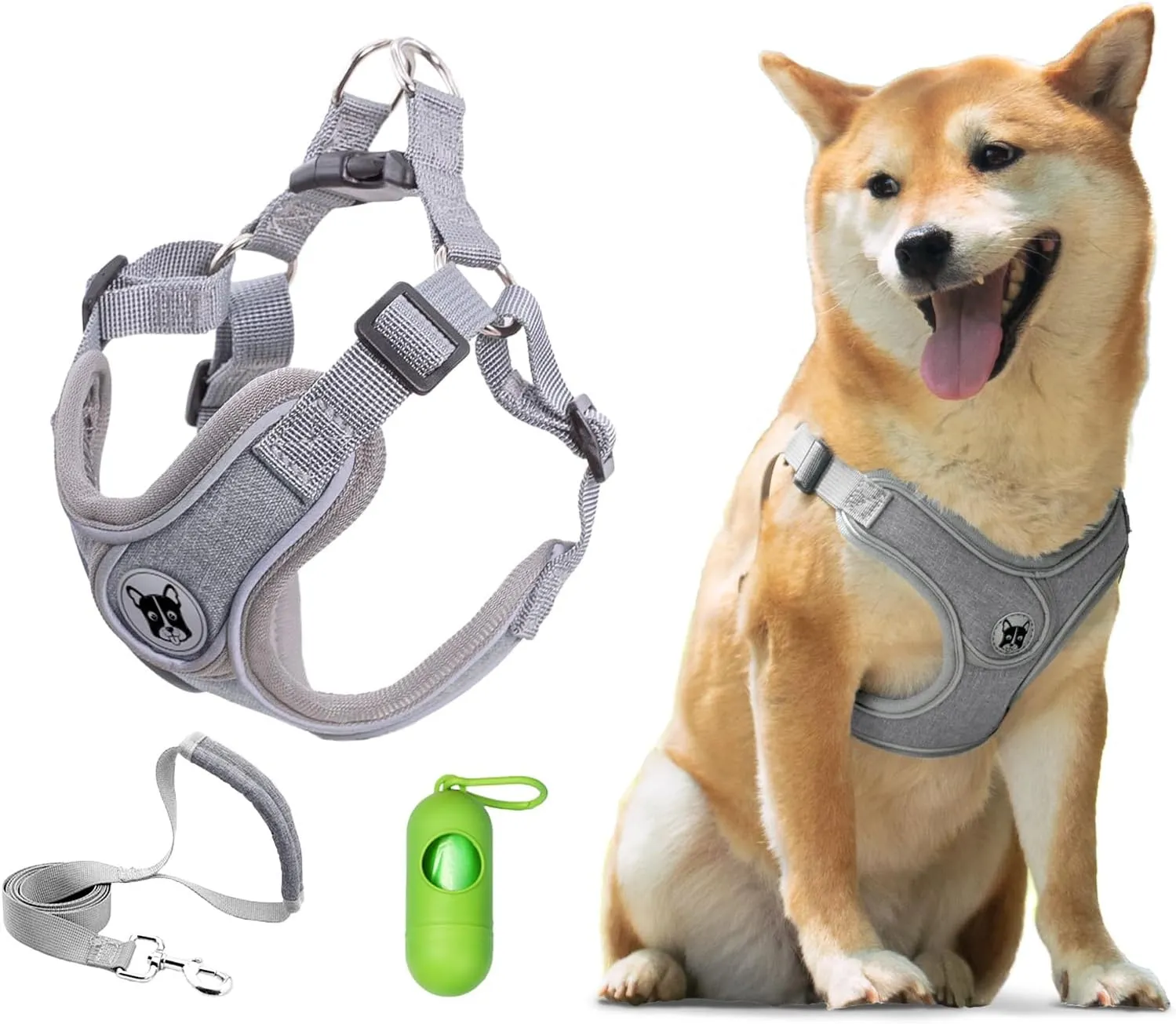Patas Lague Dog Harness with Leash Set for Small Medium Dogs, No Pull No Choke Reflective Step in X Head Pet Harness Vest with Poop Bags and Dispenser, Adjustable and Padded, Grey Medium
