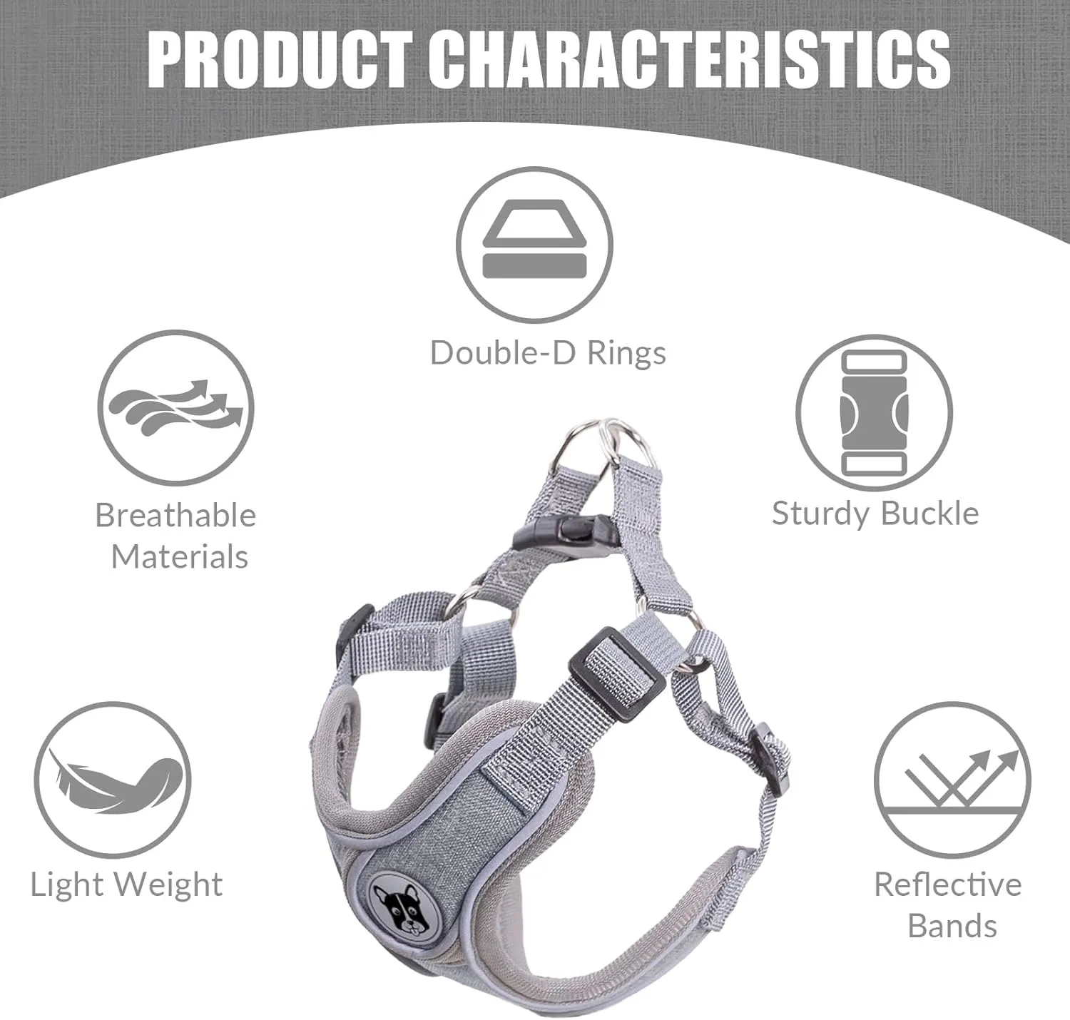 Patas Lague Dog Harness with Leash Set for Small Medium Dogs, No Pull No Choke Reflective Step in X Head Pet Harness Vest with Poop Bags and Dispenser, Adjustable and Padded, Grey Medium