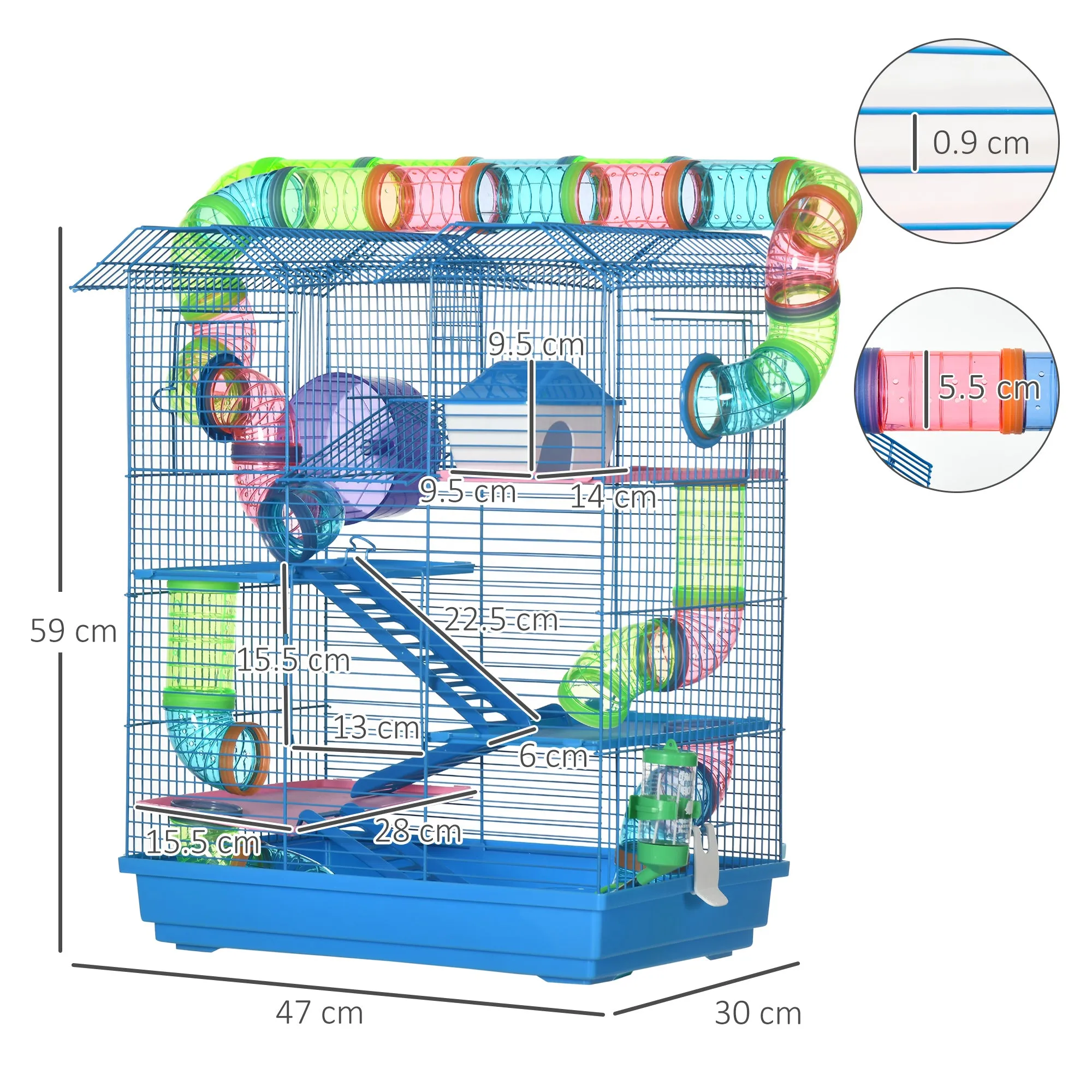 PawHut 5 Tier Hamster Cage Carrier Habitat with Exercise Wheels Tunnel Tube Water Bottle Dishes House Ladder for Dwarf Mice, Blue