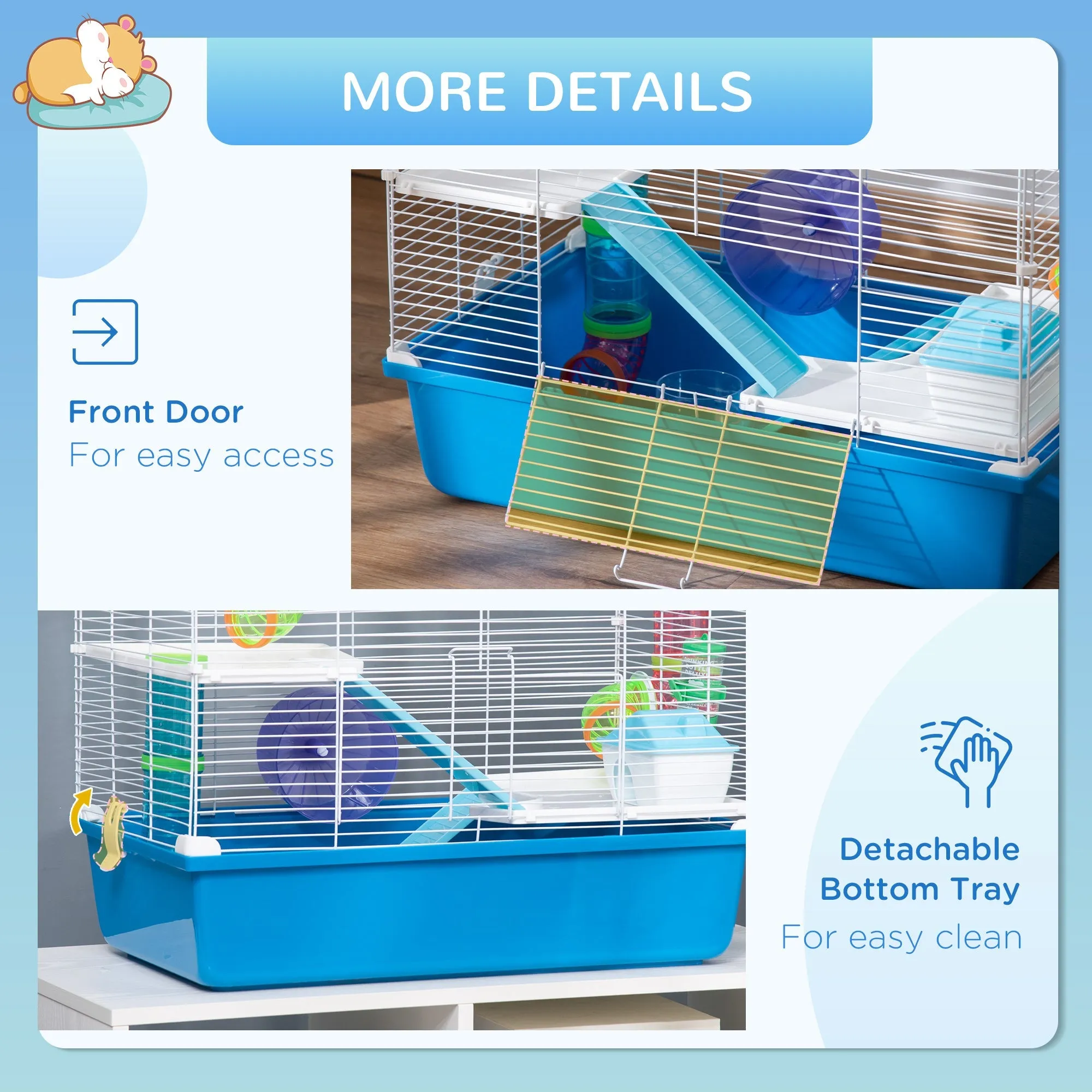 PawHut Hamster Cage with Tubes Tunnel 3 Level Rodent House with Exercise Wheel, Water Bottle, Food Dish, Ramp, Hut 59 x 36 x 47 cm- Blue