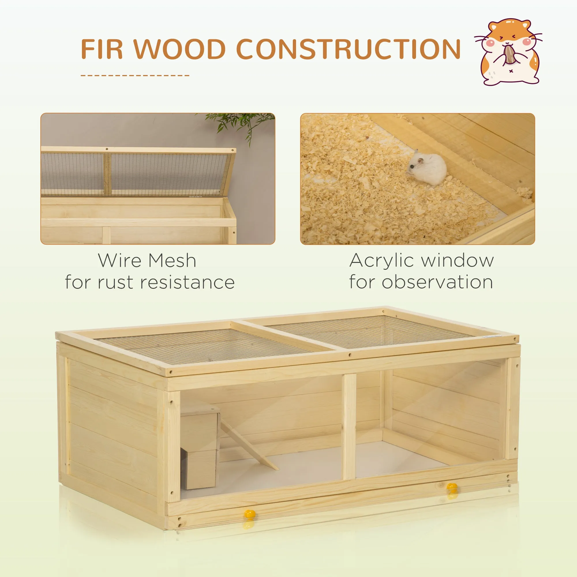 PawHut Wooden Hamster Cage with Sliding Tray, Openable Top, Hut for Syrian Hamster, Natural Wood Finish