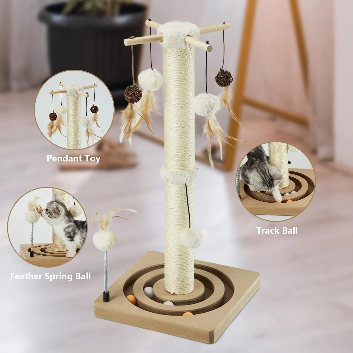 PEEKAB Cat Scratching Post Sisal Scratch Posts for Indoor Cats and Kittens with Tracking Ball Interactive Toys and Hanging Balls 25 Inches Beige