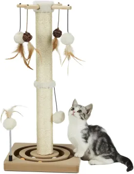 PEEKAB Cat Scratching Post Sisal Scratch Posts for Indoor Cats and Kittens with Tracking Ball Interactive Toys and Hanging Balls 25 Inches Beige