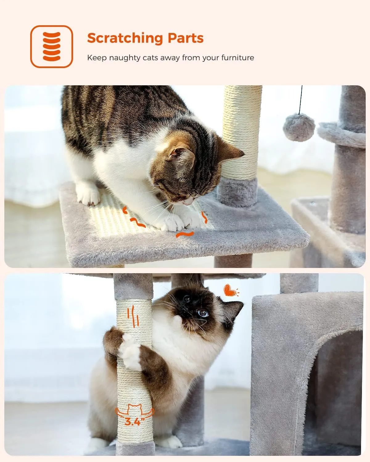 PEQULTI Small Cat Tree, [28.5''] Cat Tower for Indoor Cats, 2 Styles Activity Tree with Cat Scratching Posts, Big Hammock and Removable Top Perch Grey