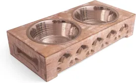 Pet Dog Water & Food Bowl Feeder Dish Elevated Raised Stainless Steel Metal Cups Set of 2 with Premium Wood Stand Rust Resistant Dry & Wet Food Grade, Weighted & Durable, No Spill, Natural Brown