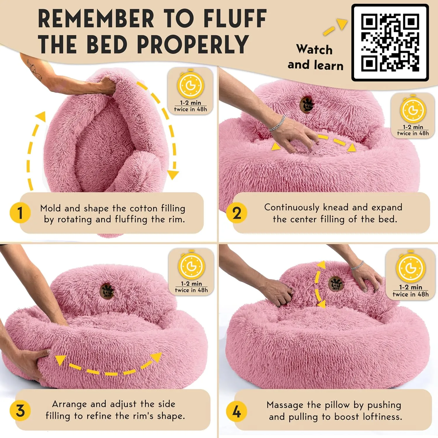 PetJett Calming Dog Bed - Donut Dog Beds for Small, Medium, Large Dogs, Anti-Slip & Washable Round Dog Bed - Fluffy Plush Faux Fur Pet Bed, Anti-Anxiety Puppy Bed, 36'' Fits Up to 100 lbs Pets, Pink