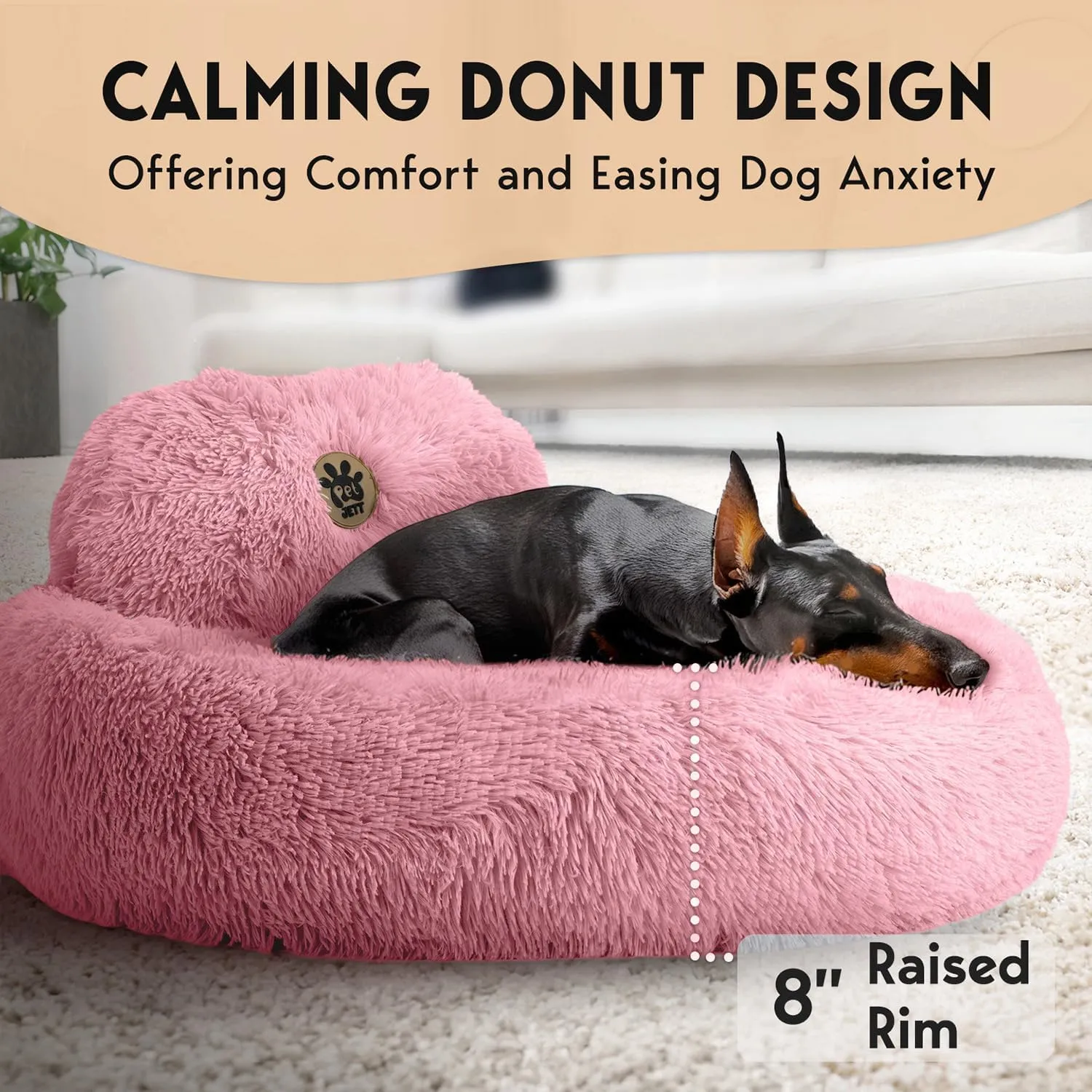 PetJett Calming Dog Bed - Donut Dog Beds for Small, Medium, Large Dogs, Anti-Slip & Washable Round Dog Bed - Fluffy Plush Faux Fur Pet Bed, Anti-Anxiety Puppy Bed, 36'' Fits Up to 100 lbs Pets, Pink