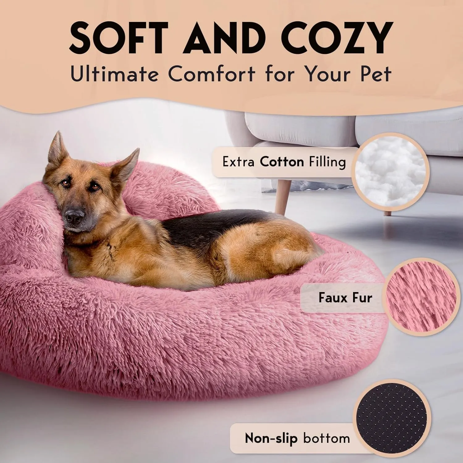 PetJett Calming Dog Bed - Donut Dog Beds for Small, Medium, Large Dogs, Anti-Slip & Washable Round Dog Bed - Fluffy Plush Faux Fur Pet Bed, Anti-Anxiety Puppy Bed, 36'' Fits Up to 100 lbs Pets, Pink