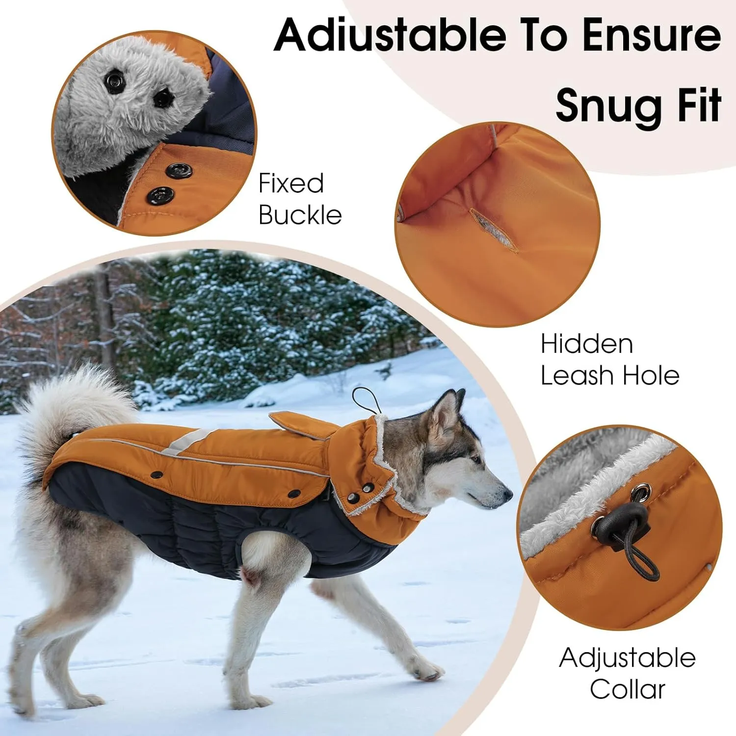 Queenmore Warm Fleece Dog Jacket, Cold Weather Waterproof Dog Snow Jacket with Leash Hole, Reflective Turtleneck Dog Snow Jacket Snowsuit,Dog Warm Coat for Small Medium& Large Dogs(Brown,M)