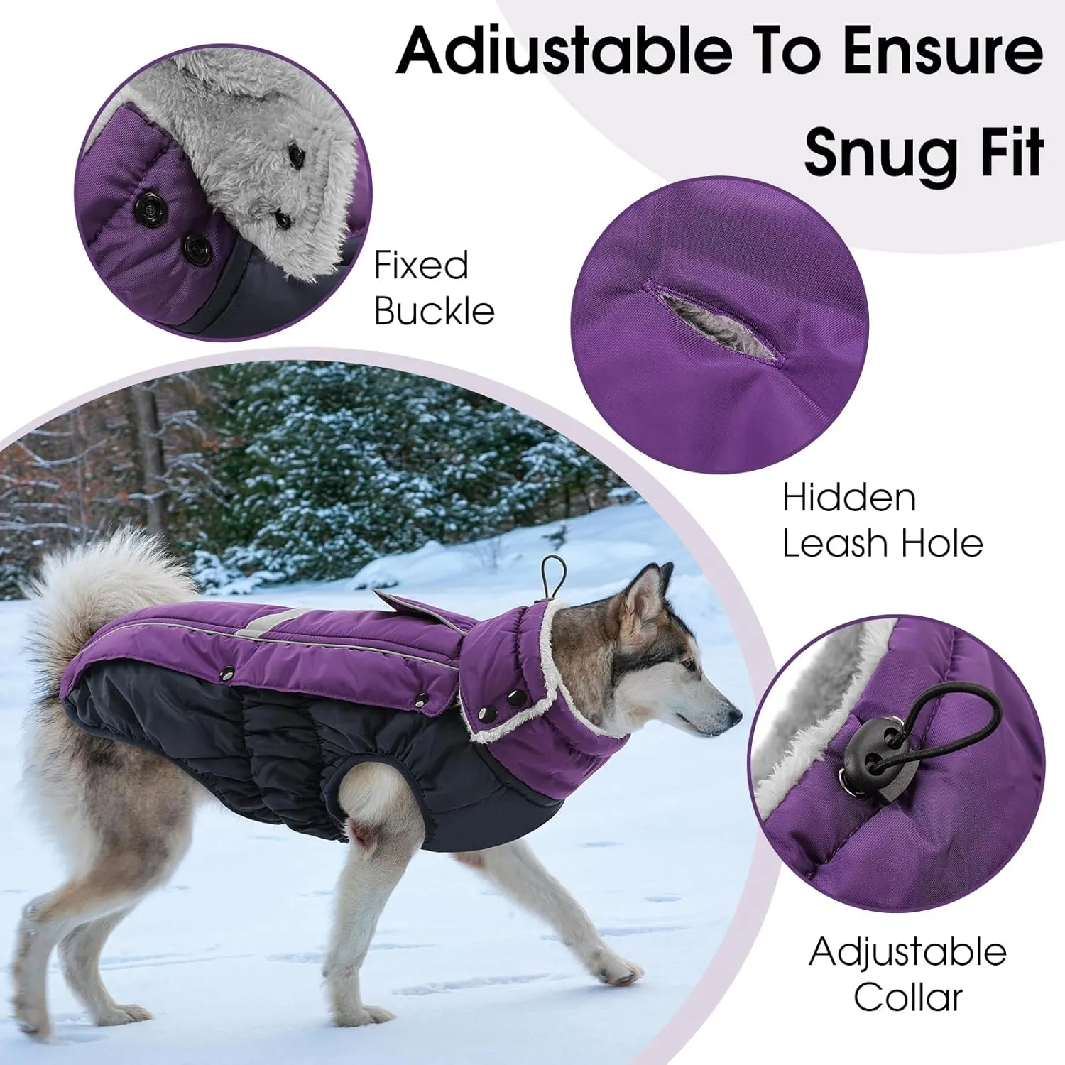 Queenmore Warm Fleece Dog Jacket - Cold Weather Waterproof Snow Jacket with Leash Hole, Reflective Turtleneck - Purple, Medium