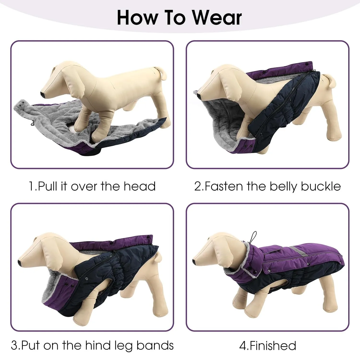 Queenmore Warm Fleece Dog Jacket - Cold Weather Waterproof Snow Jacket with Leash Hole, Reflective Turtleneck - Purple, Medium