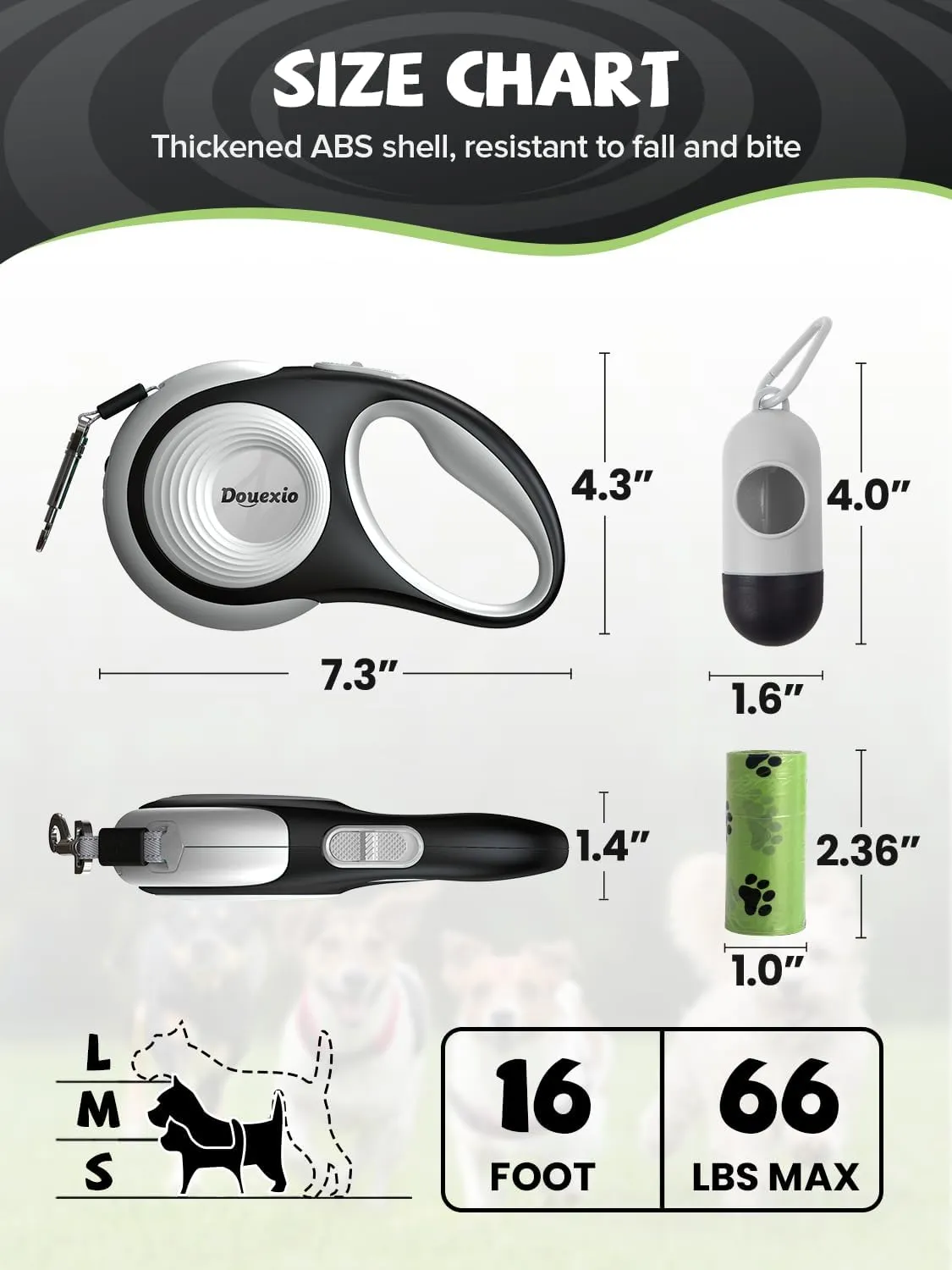 Retractable Dog Leash with LED Flashlight, Douexio Upgrade 3 in 1 Dog Leash Retractable for Small Medium Dogs Up to 66 lbs, 16ft, Anti-Slip Handle,One-Handed Brake (White)