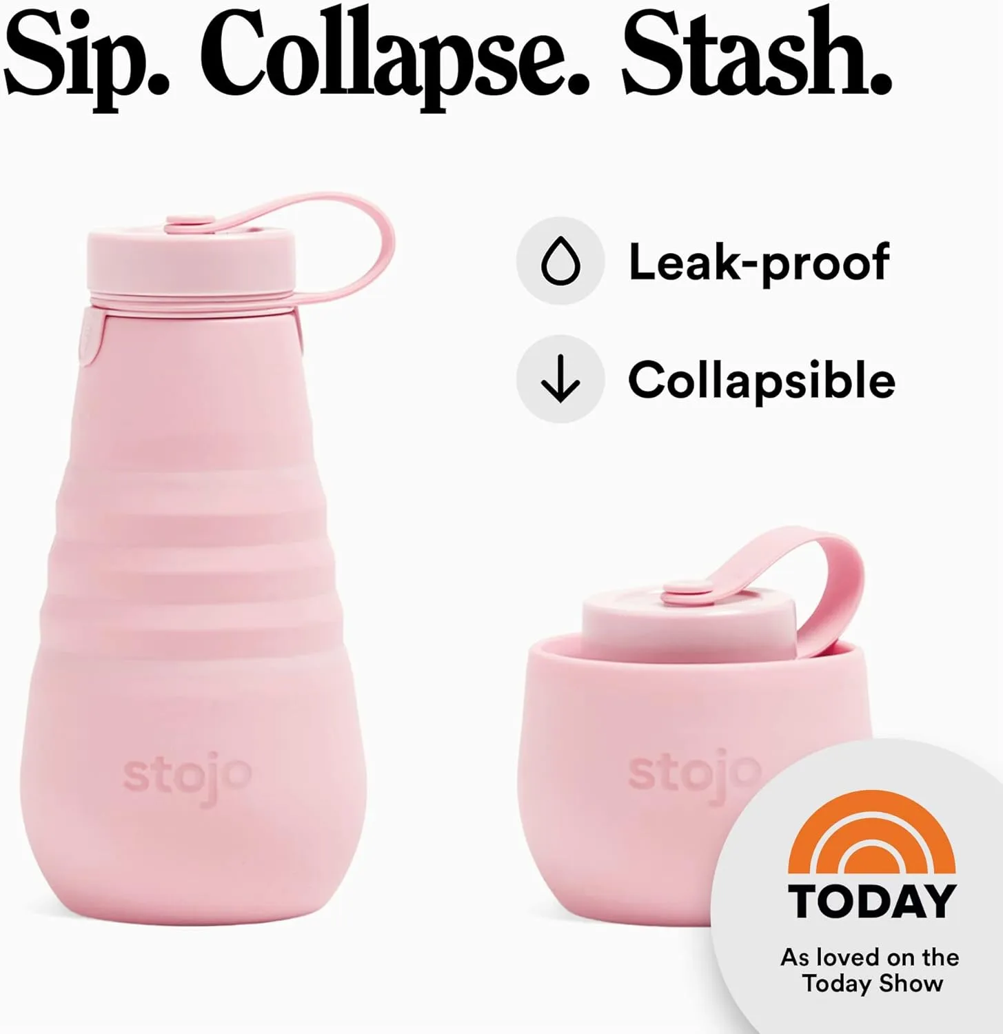 STOJO Collapsible Water Bottle  Carnation Pink, 20oz / 592ml - Leak-Proof Reusable Silicone Travel Cup for Hot & Cold Drinks - Microwave & Dishwasher Safe