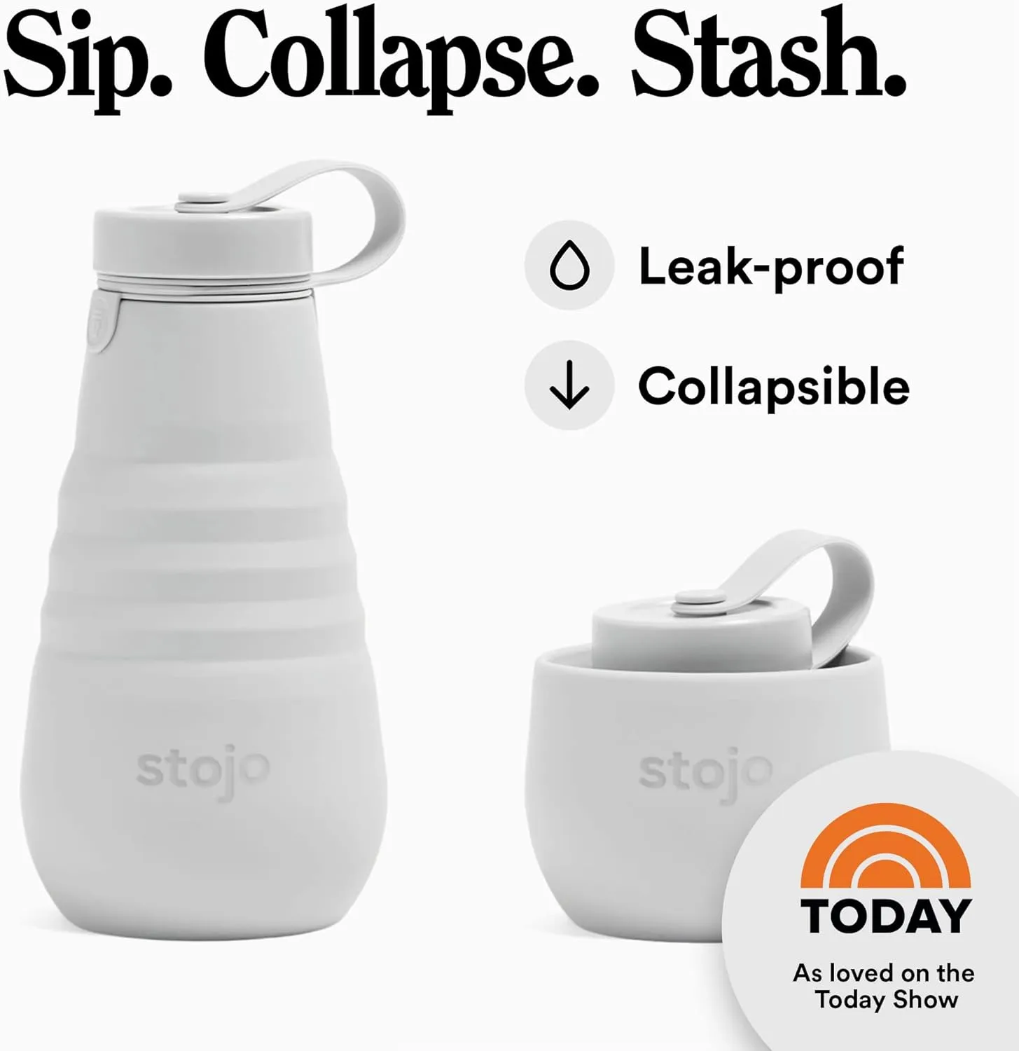 STOJO Collapsible Water Bottle  Cashmere Gray, 20oz / 592ml - Leak-Proof Reusable Silicone Travel Cup for Hot & Cold Drinks - Microwave & Dishwasher Safe