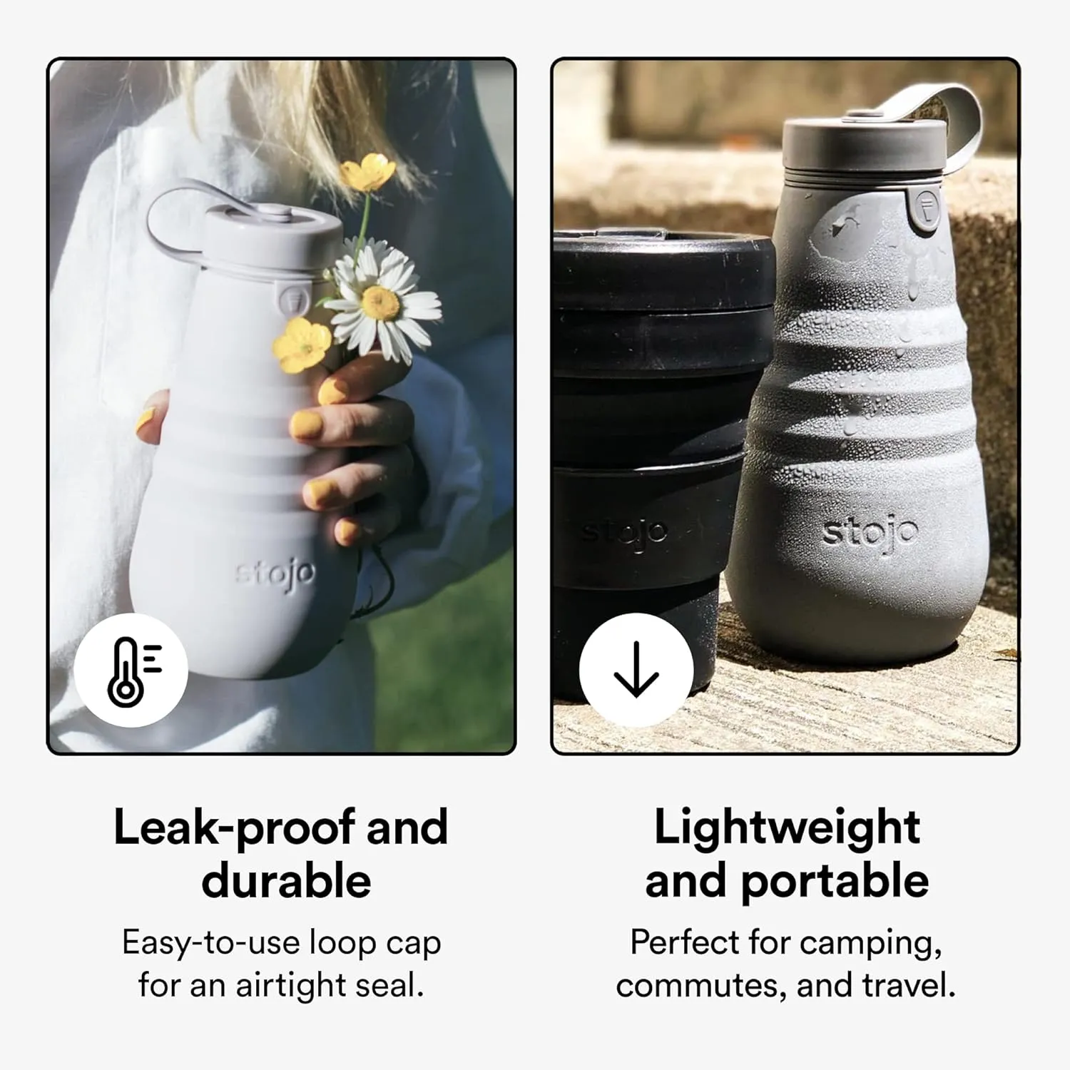 STOJO Collapsible Water Bottle  Cashmere Gray, 20oz / 592ml - Leak-Proof Reusable Silicone Travel Cup for Hot & Cold Drinks - Microwave & Dishwasher Safe