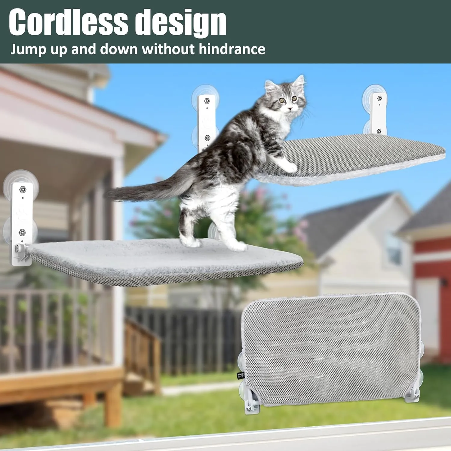 Sunhoo Cat Window Hammock Perch Cordless Perches Window Sill Seat Bed Foldable Stable Lounger Upgraded Suction Cup Easy Assembly Indoor Cats Kitty Shelf Hold Up to 55lbs (Light Gray, M)