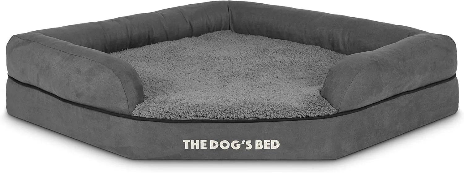 The Dogs Bed Medium Support Memory Foam Waterproof Corner Dog Bed, Large, Grey Plush, Eases Pet Arthritis & Hip Dysplasia Pain, Therapeutic & Supportive, Washable Plush Fabric Cover