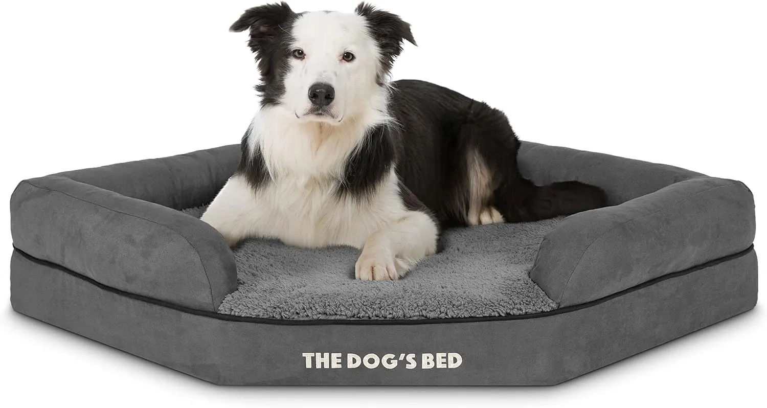 The Dogs Bed Medium Support Memory Foam Waterproof Corner Dog Bed, Large, Grey Plush, Eases Pet Arthritis & Hip Dysplasia Pain, Therapeutic & Supportive, Washable Plush Fabric Cover