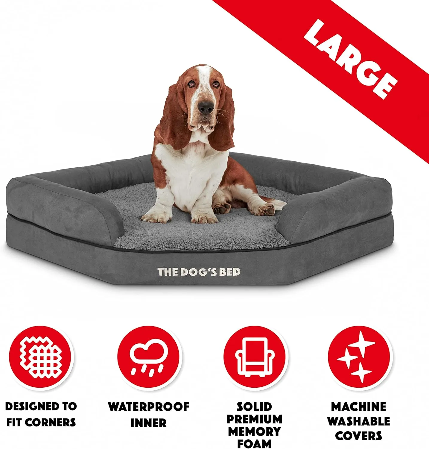 The Dogs Bed Medium Support Memory Foam Waterproof Corner Dog Bed, Large, Grey Plush, Eases Pet Arthritis & Hip Dysplasia Pain, Therapeutic & Supportive, Washable Plush Fabric Cover