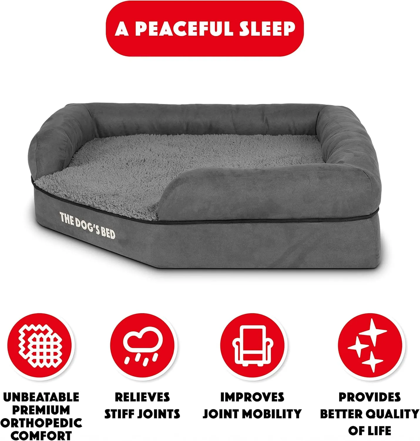 The Dogs Bed Medium Support Memory Foam Waterproof Corner Dog Bed, Large, Grey Plush, Eases Pet Arthritis & Hip Dysplasia Pain, Therapeutic & Supportive, Washable Plush Fabric Cover