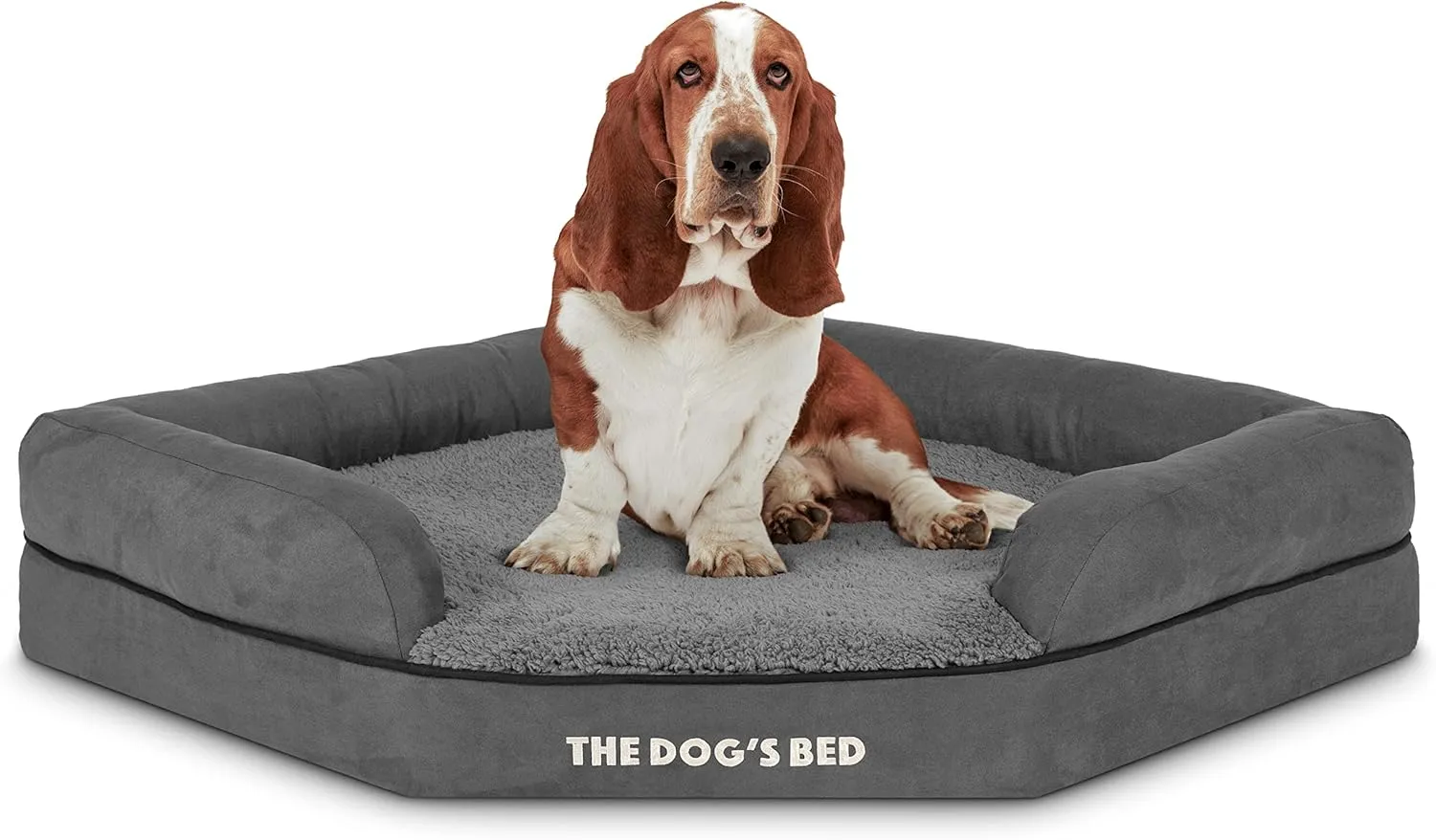 The Dogs Bed Medium Support Memory Foam Waterproof Corner Dog Bed, Large, Grey Plush, Eases Pet Arthritis & Hip Dysplasia Pain, Therapeutic & Supportive, Washable Plush Fabric Cover