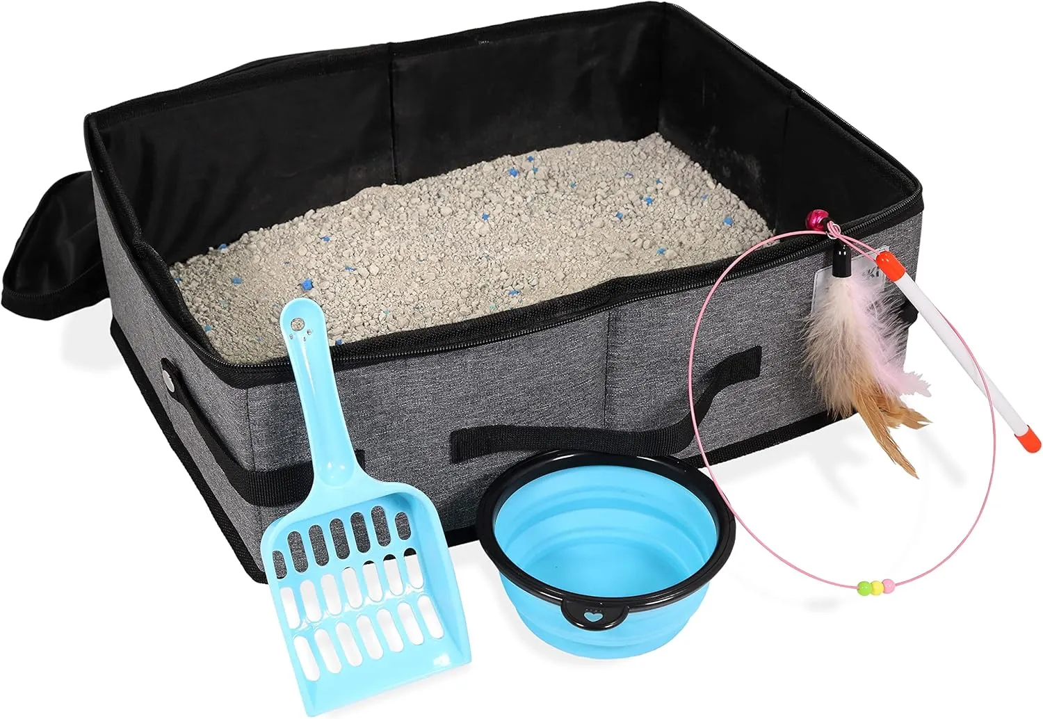 Travel Cat Litter Box - Sturdy, Leak-Proof, Lightweight, Foldable & Easy to Clean - Includes Litter Scoop, Collapsible Water Bowl & Feather Toy