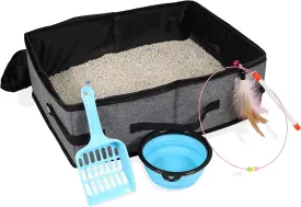 Travel Cat Litter Box - Sturdy, Leak-Proof, Lightweight, Foldable & Easy to Clean - Includes Litter Scoop, Collapsible Water Bowl & Feather Toy