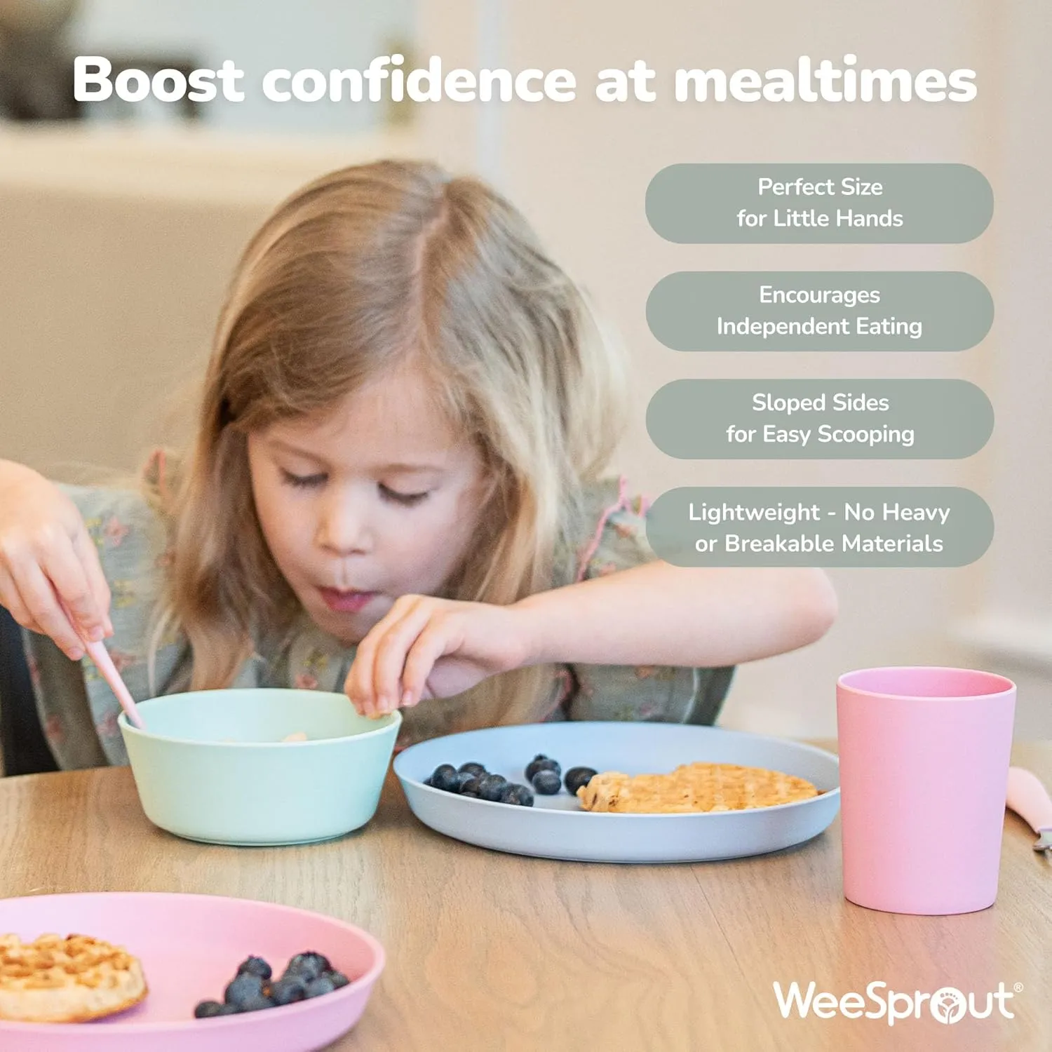 WeeSprout Bamboo Kids Bowls with Lids, Set of Four 10 oz Kid-Sized Dinnerware, Cereal, Leftovers & Snack Bowl, Dishwasher Safe (Pink, Green, Gray, & Beige)