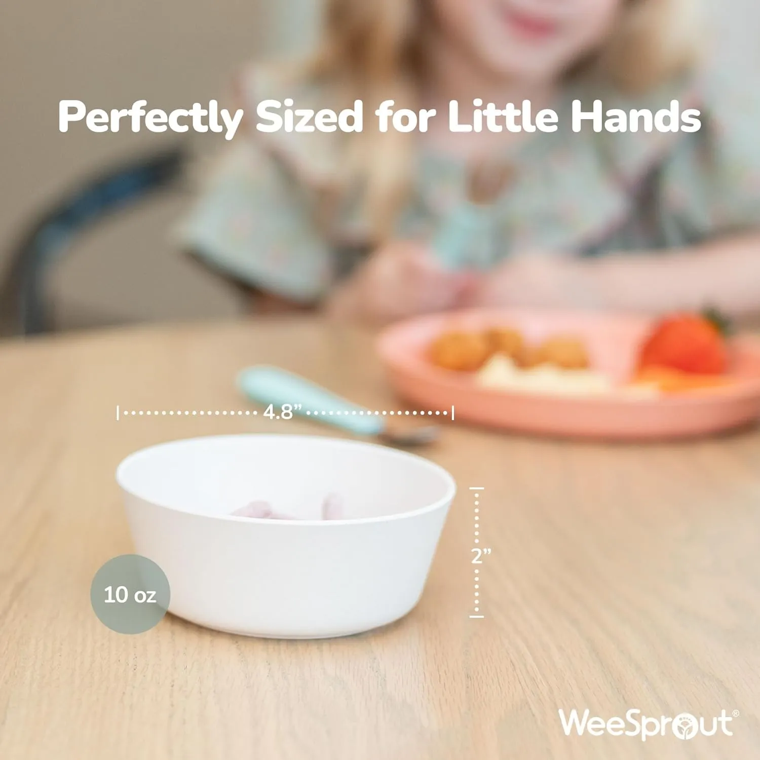 WeeSprout Bamboo Kids Bowls with Lids, Set of Four 10 oz Kid-Sized Dinnerware, Cereal, Leftovers & Snack Bowl, Dishwasher Safe (Pink, Green, Gray, & Beige)