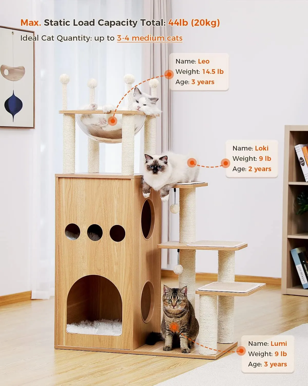 Wooden Cat Tree, 50" Modern Cat Tower with 2-Floor Condo, Cat Furniture Sisal Scratching Posts, Capsule Nest and Dangling Balls, Inspired by Sky City for Indoor Large/Big Cats