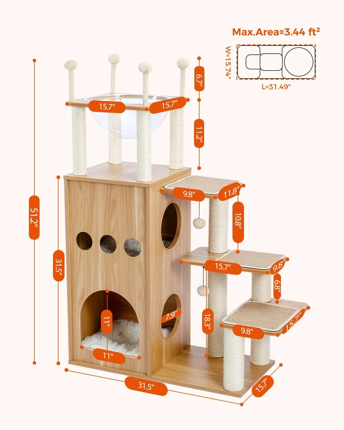 Wooden Cat Tree, 50" Modern Cat Tower with 2-Floor Condo, Cat Furniture Sisal Scratching Posts, Capsule Nest and Dangling Balls, Inspired by Sky City for Indoor Large/Big Cats