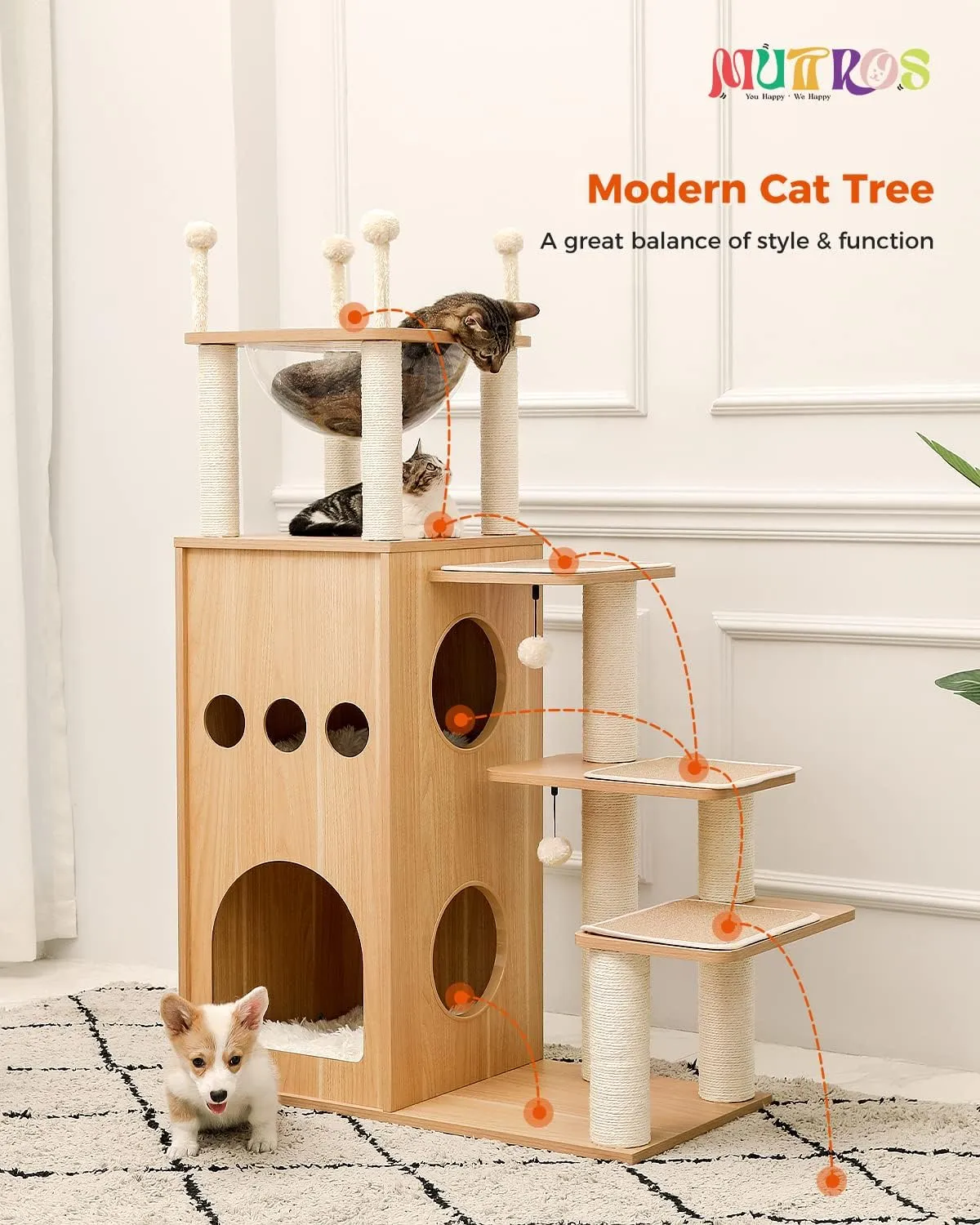 Wooden Cat Tree, 50" Modern Cat Tower with 2-Floor Condo, Cat Furniture Sisal Scratching Posts, Capsule Nest and Dangling Balls, Inspired by Sky City for Indoor Large/Big Cats