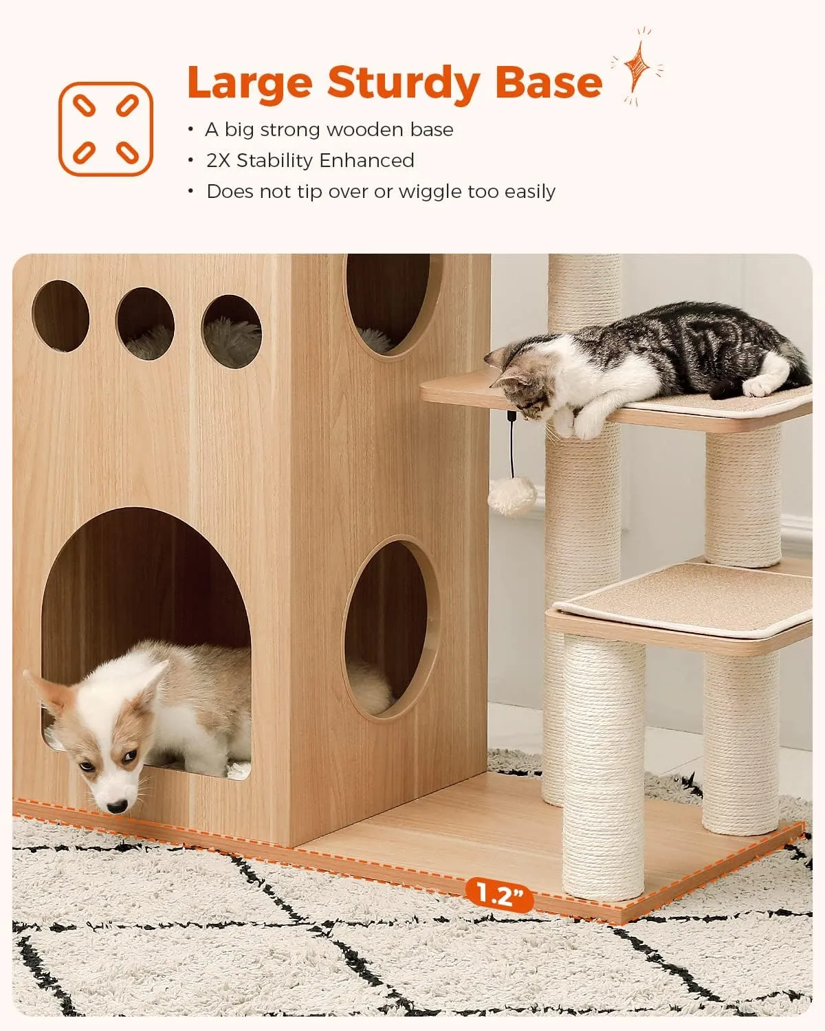 Wooden Cat Tree, 50" Modern Cat Tower with 2-Floor Condo, Cat Furniture Sisal Scratching Posts, Capsule Nest and Dangling Balls, Inspired by Sky City for Indoor Large/Big Cats