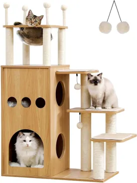 Wooden Cat Tree, 50" Modern Cat Tower with 2-Floor Condo, Cat Furniture Sisal Scratching Posts, Capsule Nest and Dangling Balls, Inspired by Sky City for Indoor Large/Big Cats