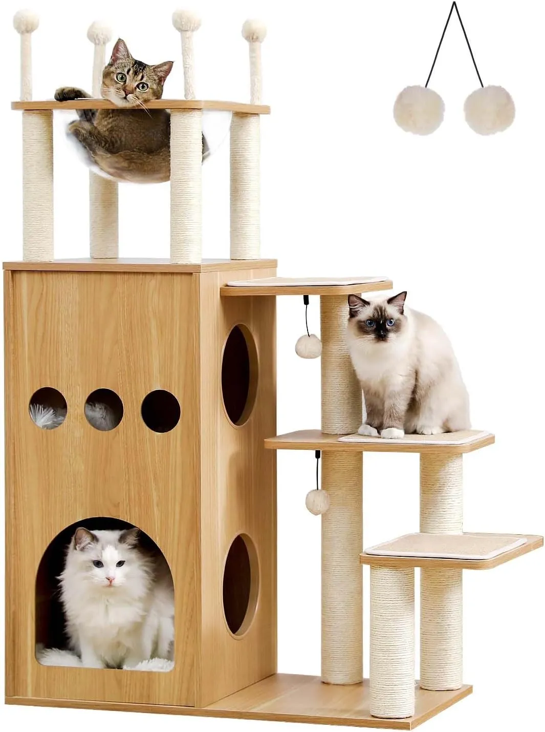 Wooden Cat Tree, 50" Modern Cat Tower with 2-Floor Condo, Cat Furniture Sisal Scratching Posts, Capsule Nest and Dangling Balls, Inspired by Sky City for Indoor Large/Big Cats