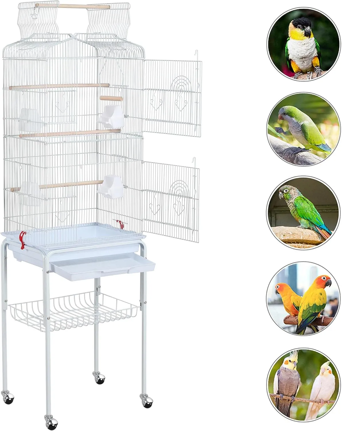 Yaheetech 64-inch Open Play Top Bird Cages for Parakeets Cockatiels Finches Lovebirds Canaries Conures Budgies Parrot Birdcage w/Detachable Rolling Stand, White
