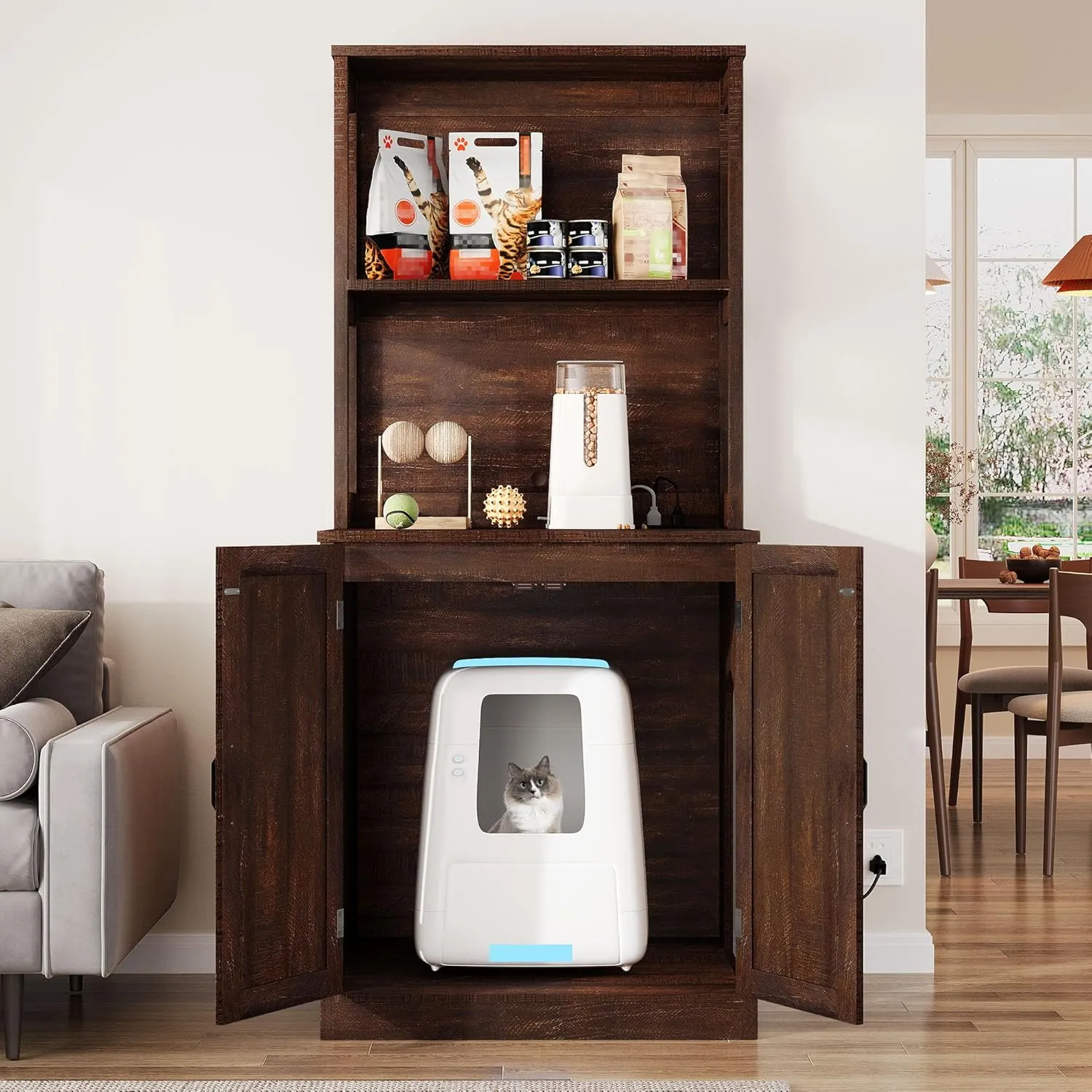 YITAHOME Large Cat Litter Box Furniture with Shelves and Charging Station, Hidden for Self-Cleaning Cat Litter Box Enclosure, Wooden Cat Cabinet for Smart Litter Box Size, Brown Oak