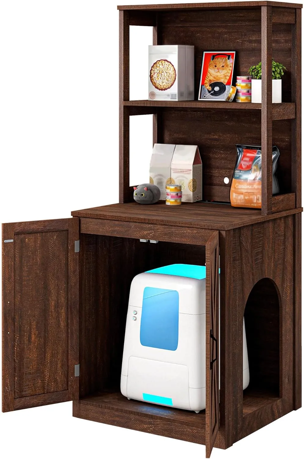 YITAHOME Large Cat Litter Box Furniture with Shelves and Charging Station, Hidden for Self-Cleaning Cat Litter Box Enclosure, Wooden Cat Cabinet for Smart Litter Box Size, Brown Oak