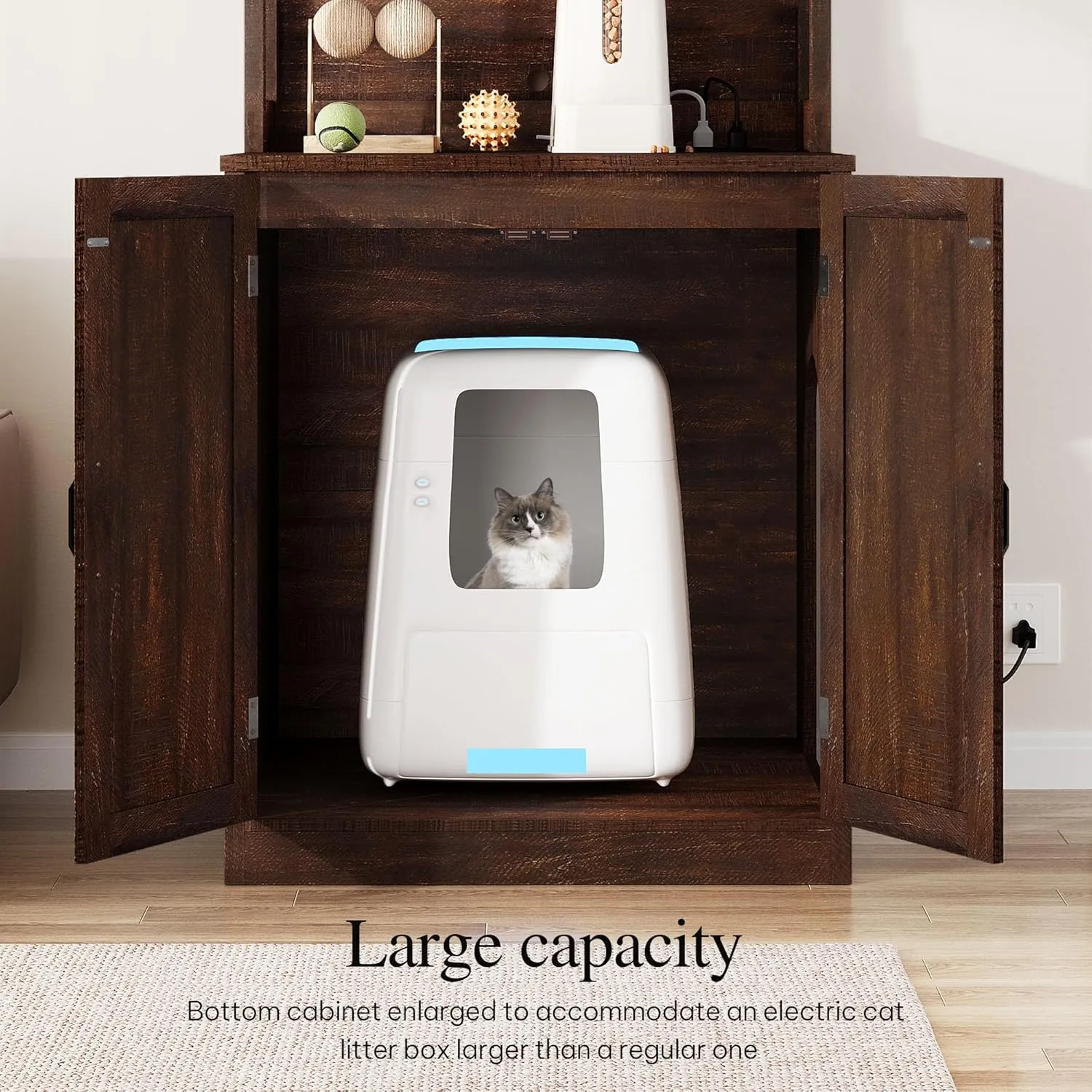 YITAHOME Large Cat Litter Box Furniture with Shelves and Charging Station, Hidden for Self-Cleaning Cat Litter Box Enclosure, Wooden Cat Cabinet for Smart Litter Box Size, Brown Oak