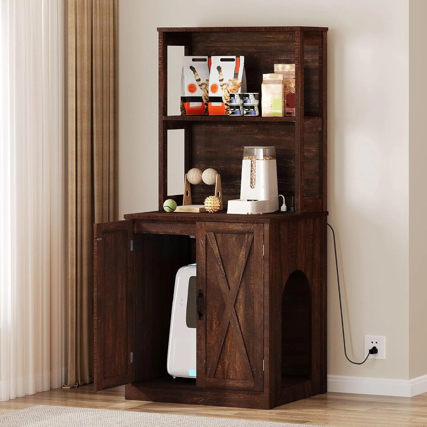 YITAHOME Large Cat Litter Box Furniture with Shelves and Charging Station, Hidden for Self-Cleaning Cat Litter Box Enclosure, Wooden Cat Cabinet for Smart Litter Box Size, Brown Oak