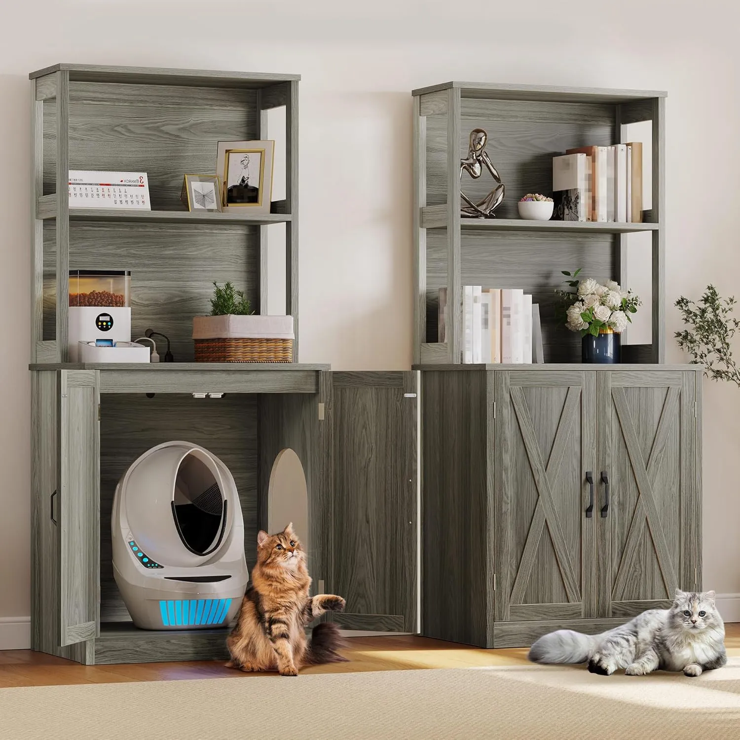 YITAHOME Large Cat Litter Box Furniture with Shelves and Charging Station, Hidden for Self-Cleaning Cat Litter Box Enclosure, Wooden Cat Cabinet for Smart Litter Box Size, Wash Grey